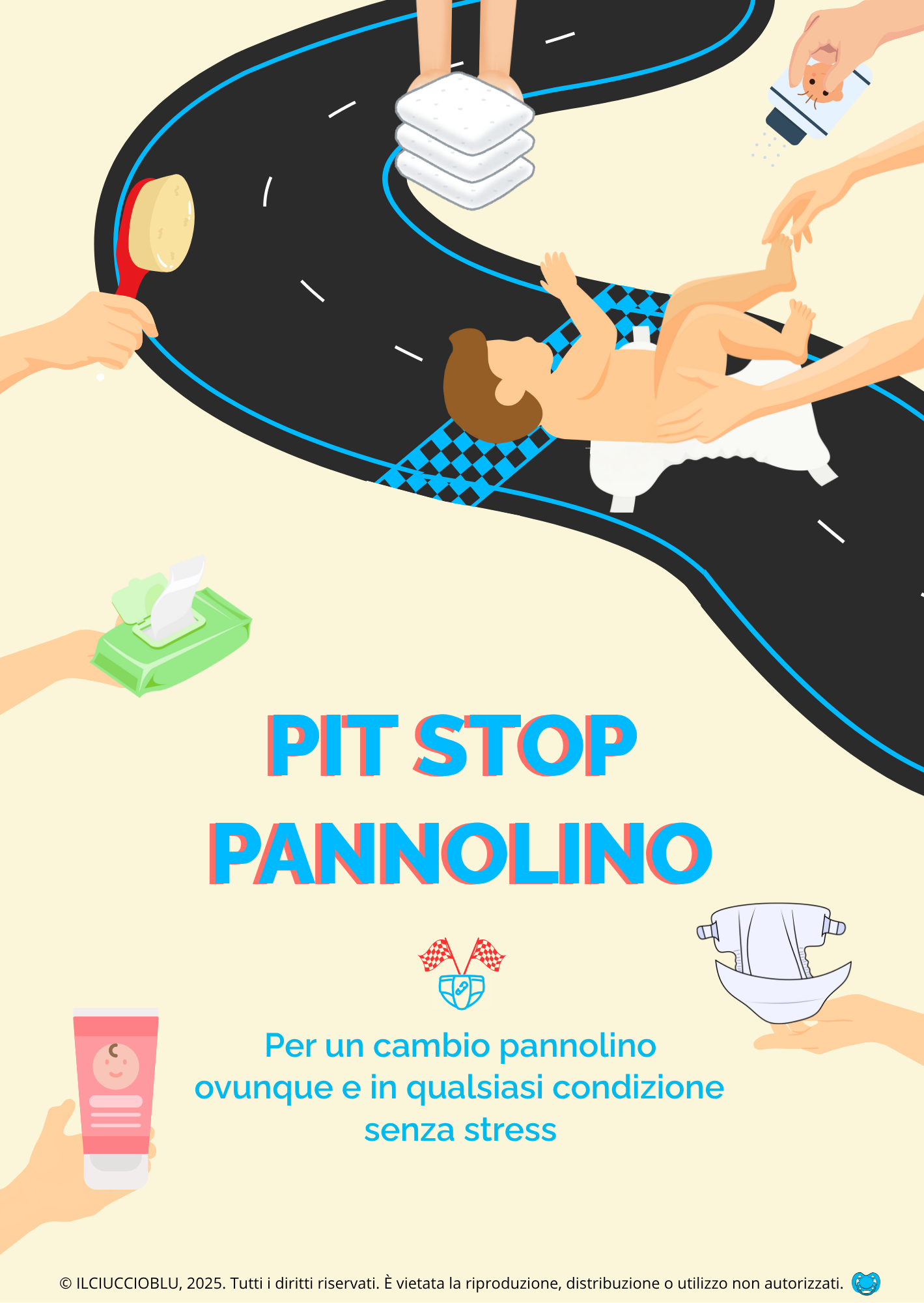 Copertina della guida 'Pit Stop Pannolino' con illustrazione di un neonato su pista da corsa e prodotti per il cambio – guida pratica per cambiare il pannolino ovunque, senza stress