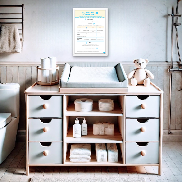 Fasciatoio con cassettiera in bagno, completo di accessori per il cambio neonato e guida Pit Stop Pannolino appesa al muro