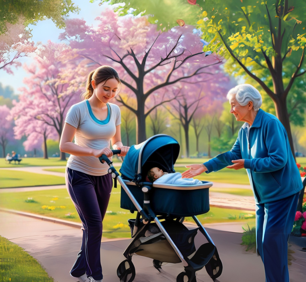 Neomamma con passeggino al parco mentre un’anziana si avvicina facendo domande invadenti tipiche rivolte ai neogenitori