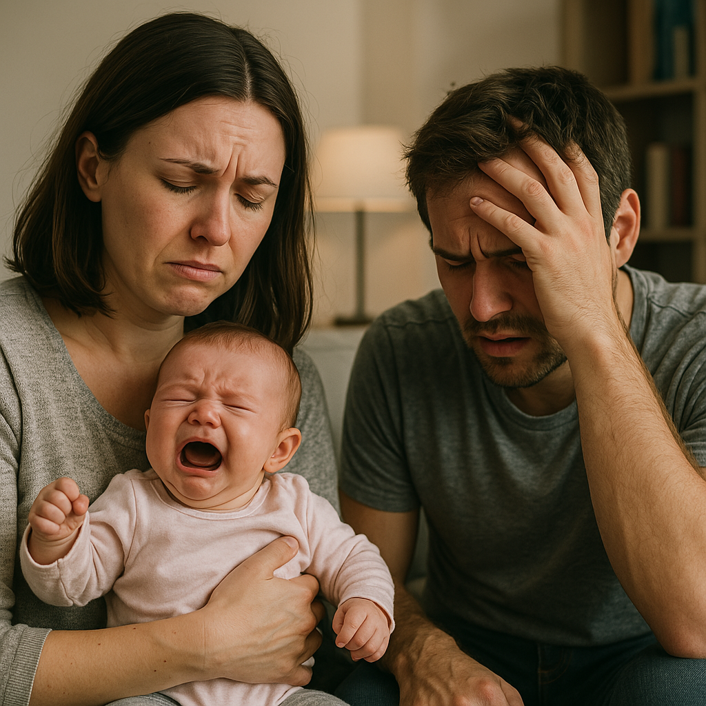 Genitori esausti con neonato che piange – difficoltà dei neo-genitori nei primi mesi di vita del bambino