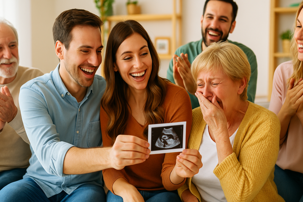 Neogenitori che mostrano l’ecografia alla famiglia commossa – emozione e consigli per affrontare l’attesa