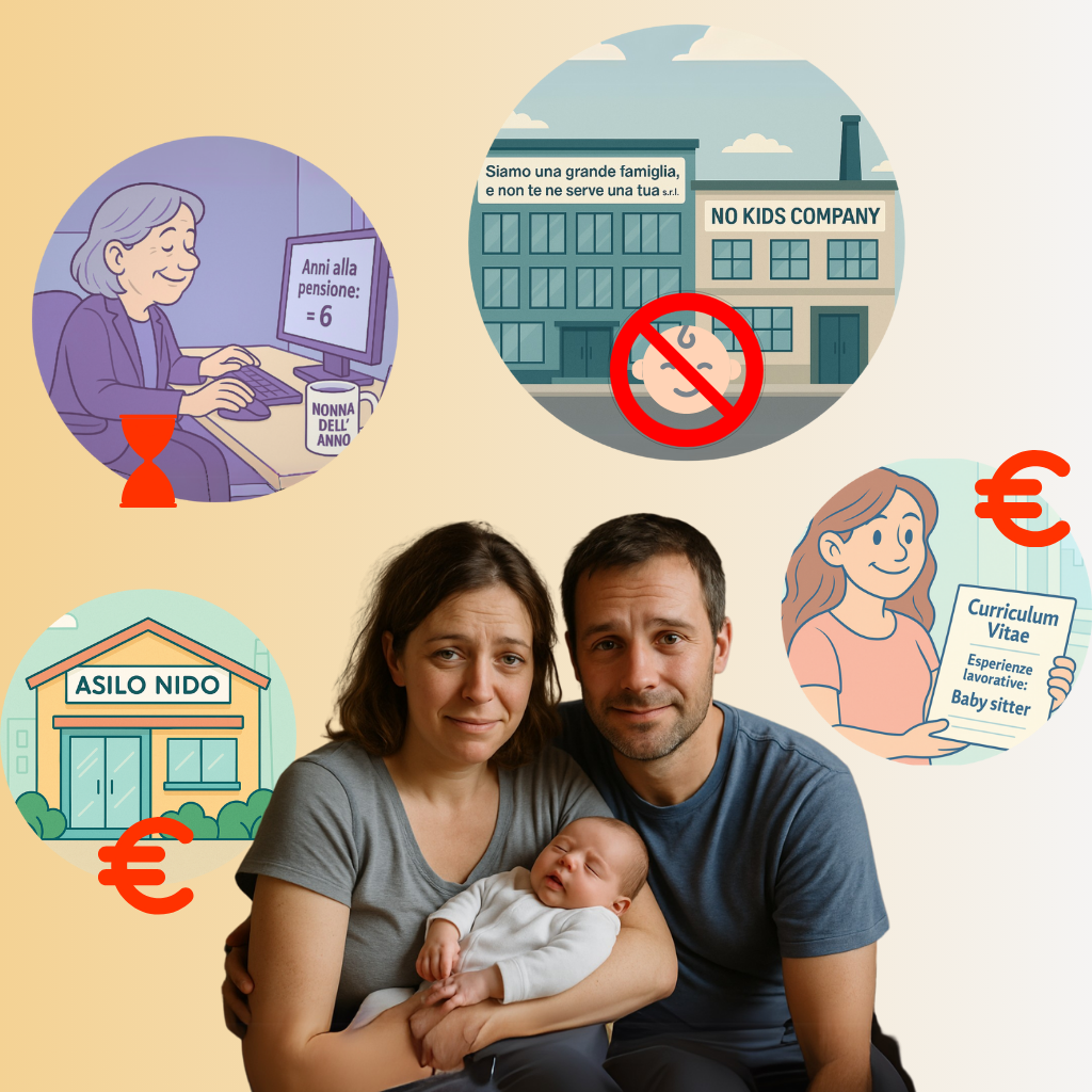 Coppia stanca con neonato in braccio, circondata da illustrazioni su asilo nido caro, lavoro, nonni che lavorano, babysitter costose