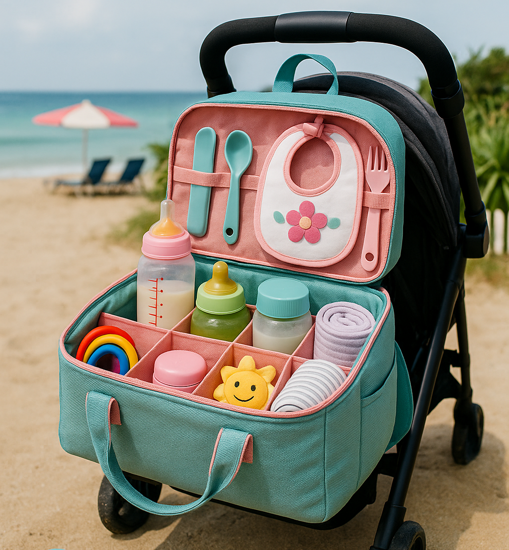 Zaino cambio bebè aperto con biberon, giochi e accessori vicino al passeggino. Kit perfetto per uscite con neonato