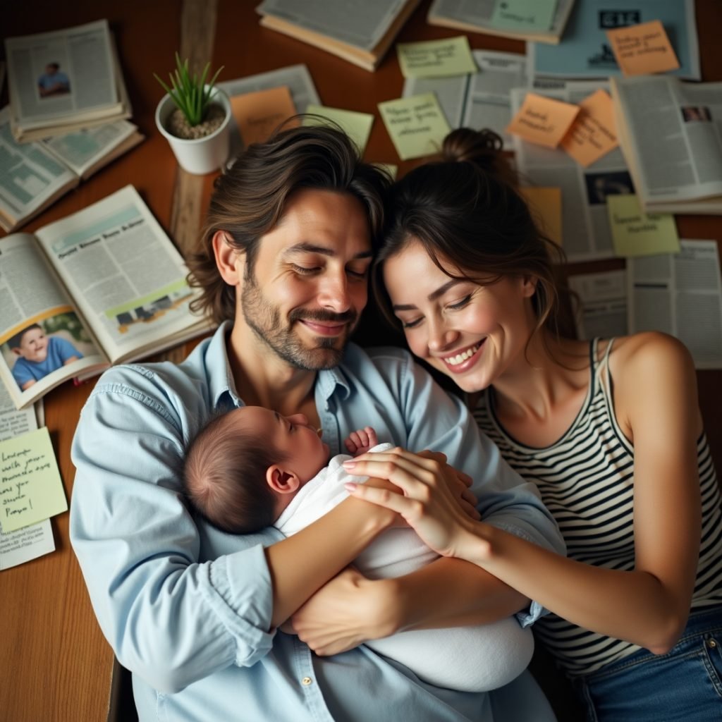 Giovani genitori felici che coccolano il loro neonato tra libri e appunti: amore, cura e informazioni pratiche per affrontare la genitorialità con consapevolezza