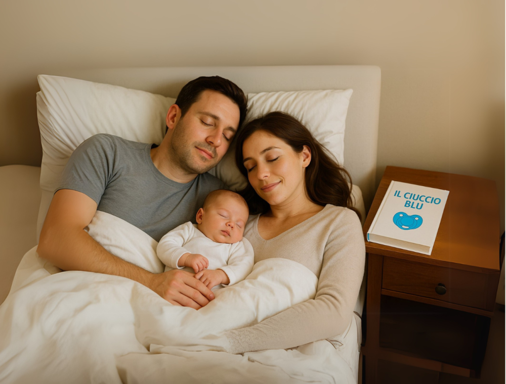 Neogenitori dormono sereni accanto al loro neonato, con il libro 'Il Ciuccio Blu' sul comodino – guida per affrontare i primi mesi da genitori