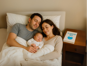 Neogenitori dormono sereni accanto al loro neonato, con il libro 'Il Ciuccio Blu' sul comodino – guida per affrontare i primi mesi da genitori
