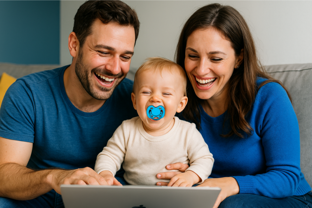 Neo genitori sorridenti mentre leggono il blog per neogenitori, con il loro bambino con ciuccio: supporto per svezzamento, nanna e viaggi