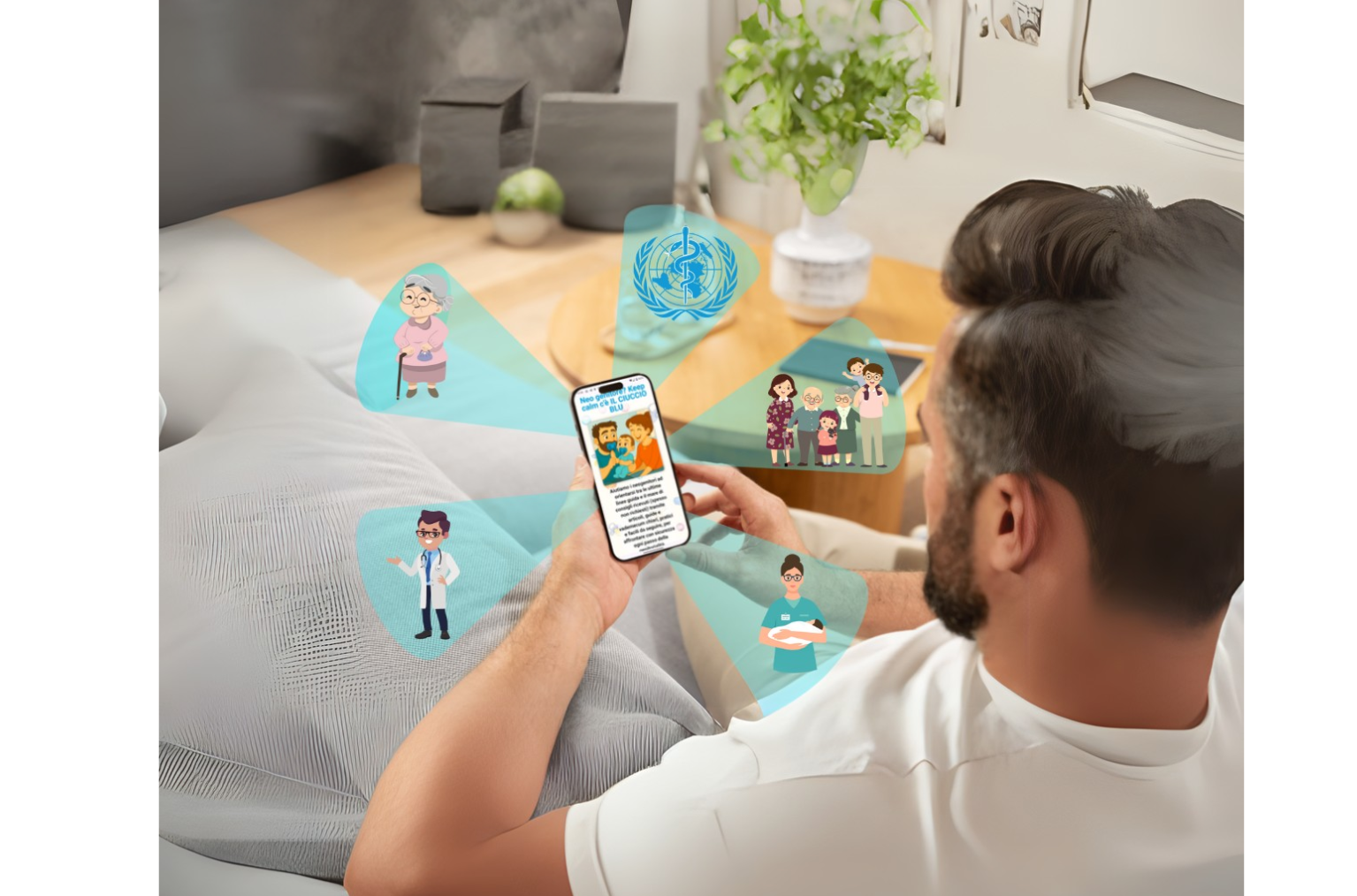 Papà che consulta Il Ciuccio Blu dallo smartphone, con informazioni utili da pediatri, ostetriche, nonni, OMS e familiari – guida digitale per neo-genitori