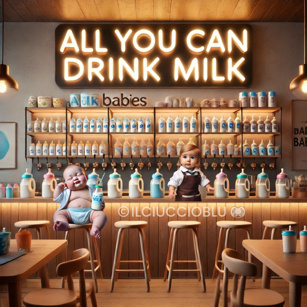 All you can drink milk: ironia sulle domande frequenti ai neogenitori Bar ironico per neonati con biberon a volontà: risposta divertente alla domanda "lo allatti al seno?"