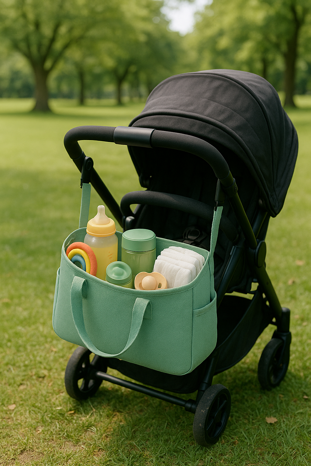 Borsa verde per neonato appesa al passeggino in un parco, con pannolini, biberon e giochi ben visibili: cosa portare per le prime uscite con il bebè