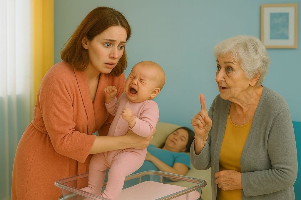 Madre stanca con neonato in braccio ascolta una nonna giudicante, mentre un'altra futura mamma riposa sullo sfondo: scena tipica delle domande indiscrete ai neogenitori.