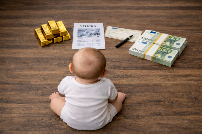 Neonato seduto di schiena che osserva diverse opzioni di risparmio e investimento per il futuro: lingotti d’oro, documento azionario, buono fruttifero e contanti in euro.
