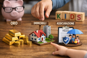 Investimenti alternativi per i figli come oro, immobili e assicurazioni, rappresentati come strumenti di protezione e diversificazione patrimoniale