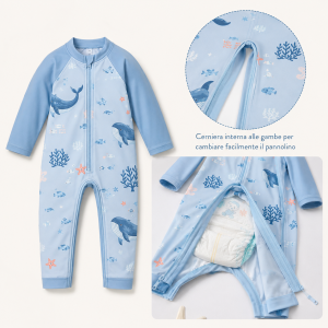 Costume intero anti UV per neonato con maniche lunghe, gambe lunghe e cerniera interna tra le gambe per facilitare il cambio del pannolino in spiaggia o in piscina.