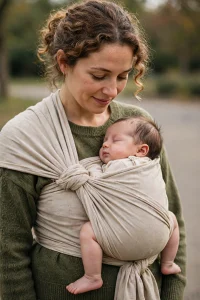 Mamma con neonato addormentato in fascia portabebè con gambine in posizione a M durante una passeggiata all'aperto