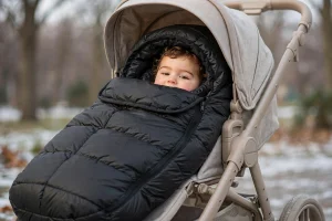 Sacco termico invernale nero per passeggino con cappuccio e chiusura a zip, visto frontalmente