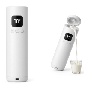 Bollitore portatile bianco con display a 70°C e tasti di regolazione, mostrato chiuso e mentre versa il liquido in un bicchiere