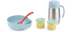 Set per la pappa fuori casa: ciotolina con cucchiaino, due contenitori ermetici con pappa e thermos in acciaio