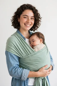 Mamma sorridente con neonato addormentato in una fascia elastica portabebè, posizione pancia contro pancia