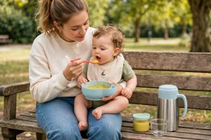 Mamma che dà la pappa al bambino seduta su una panchina del parco, con thermos e contenitore per la pappa accanto