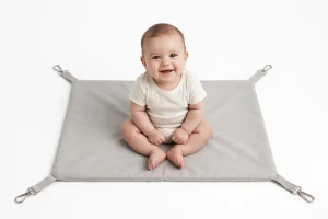 Bambino seduto su un telo amaca grigio con moschettoni agli angoli, per il sedile dell'aereo