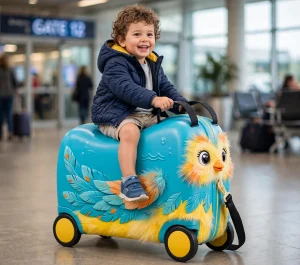 Bambino seduto su una valigia cavalcabile con ruote mentre viene trainato verso il gate dell'aeroporto