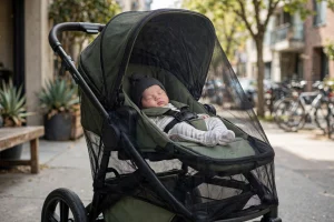 Neonato addormentato nel passeggino protetto da una zanzariera a rete che copre tutta la seduta